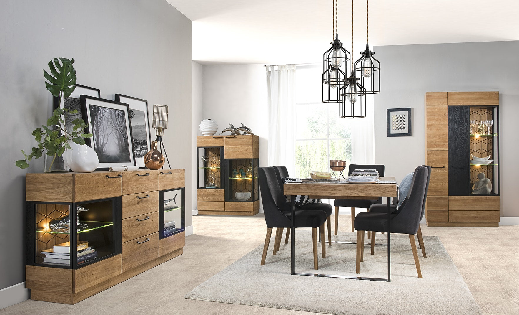LoftStory, mobili in legno e acciaio, sala da pranzo, tavolo allungabile, soggiorno, vetrina, casa, interior design, acciaio e legno