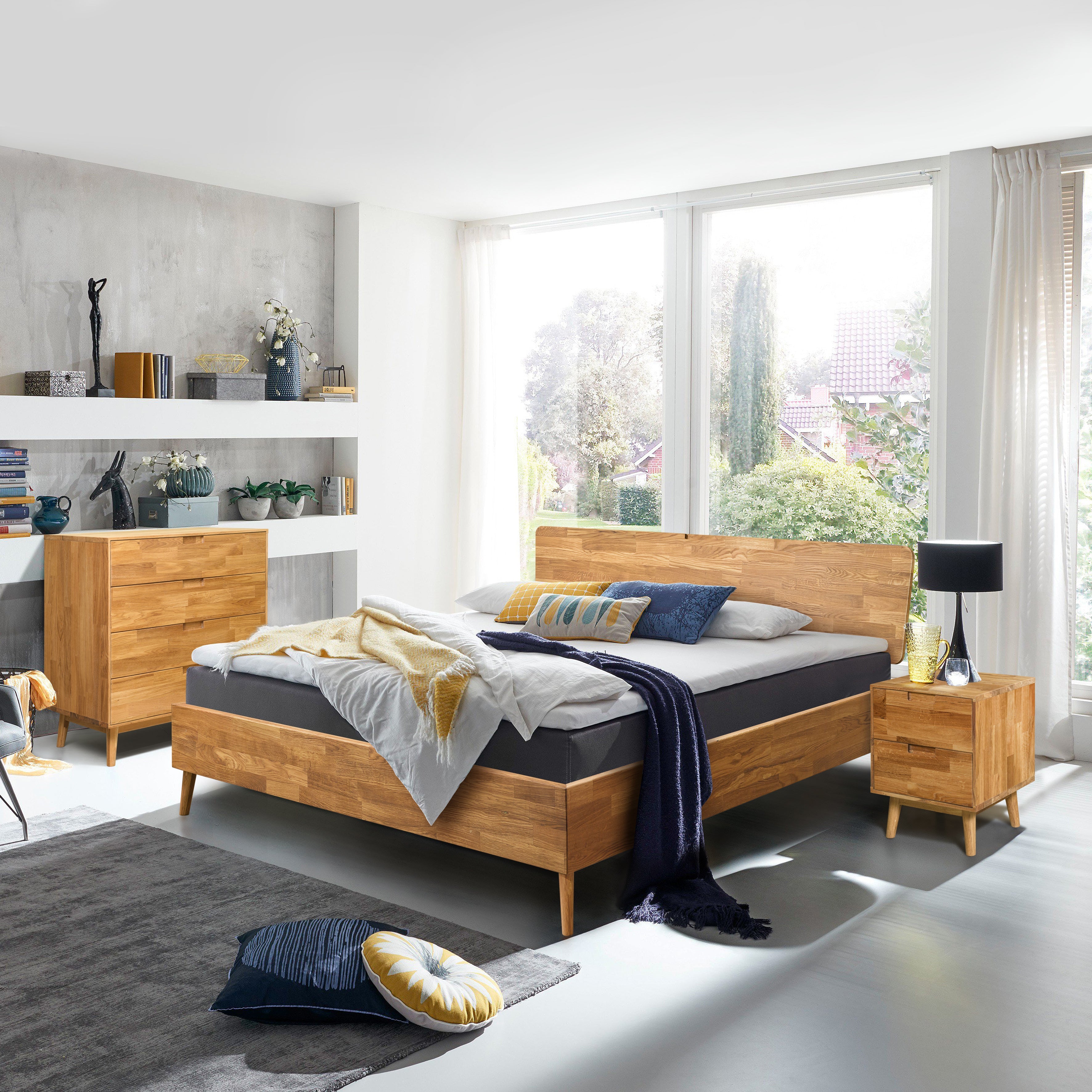 NordicStory, rovere massiccio, camera da letto, letto, testata, comodino, comodino, tavolino, cassettiera, comò, credenza